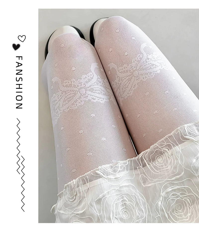 Floral Milk Cat - Y2K Polka Dot - Polka-Dot Tights with Lace Thigh Motif