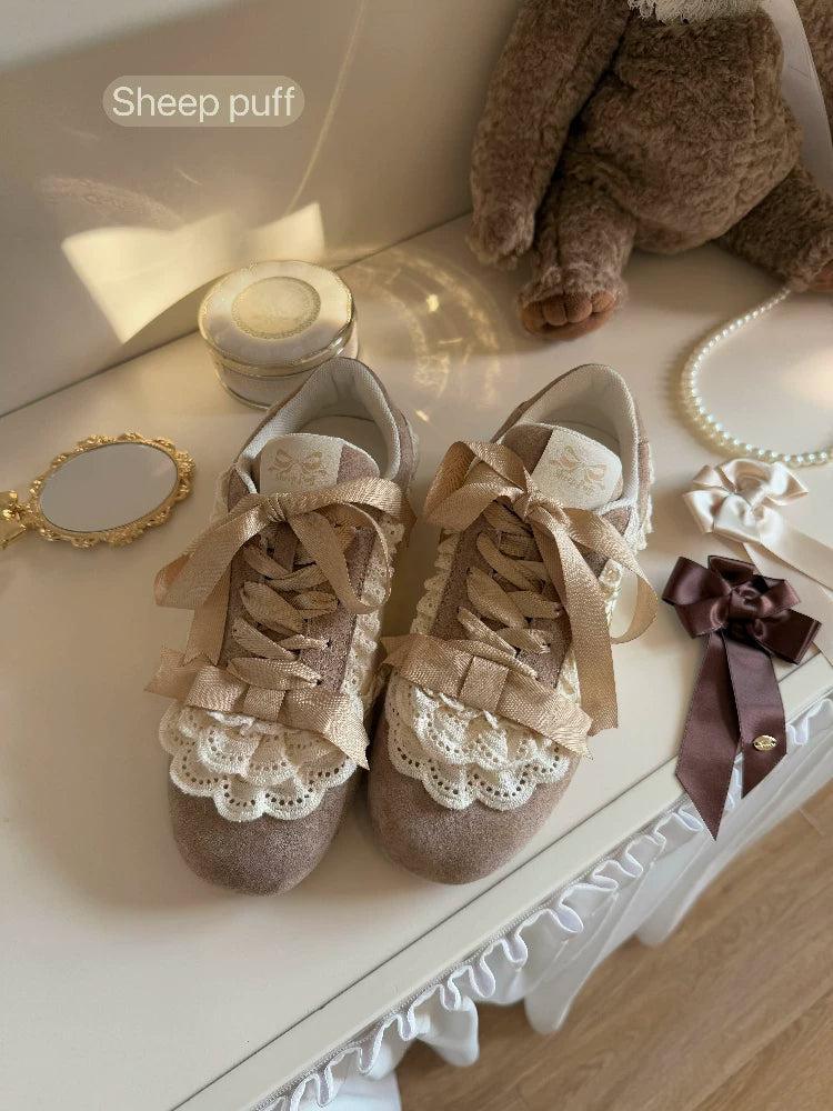 Sheep Puff Lace Cake Lo-Run Lolita Sneakers with white lace details and adorable sheep puff accents on white canvas shoes.