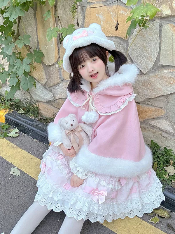 Jelly Girl - Winter Bunny - Plush Hooded Cape with Pom-Pom Ties
