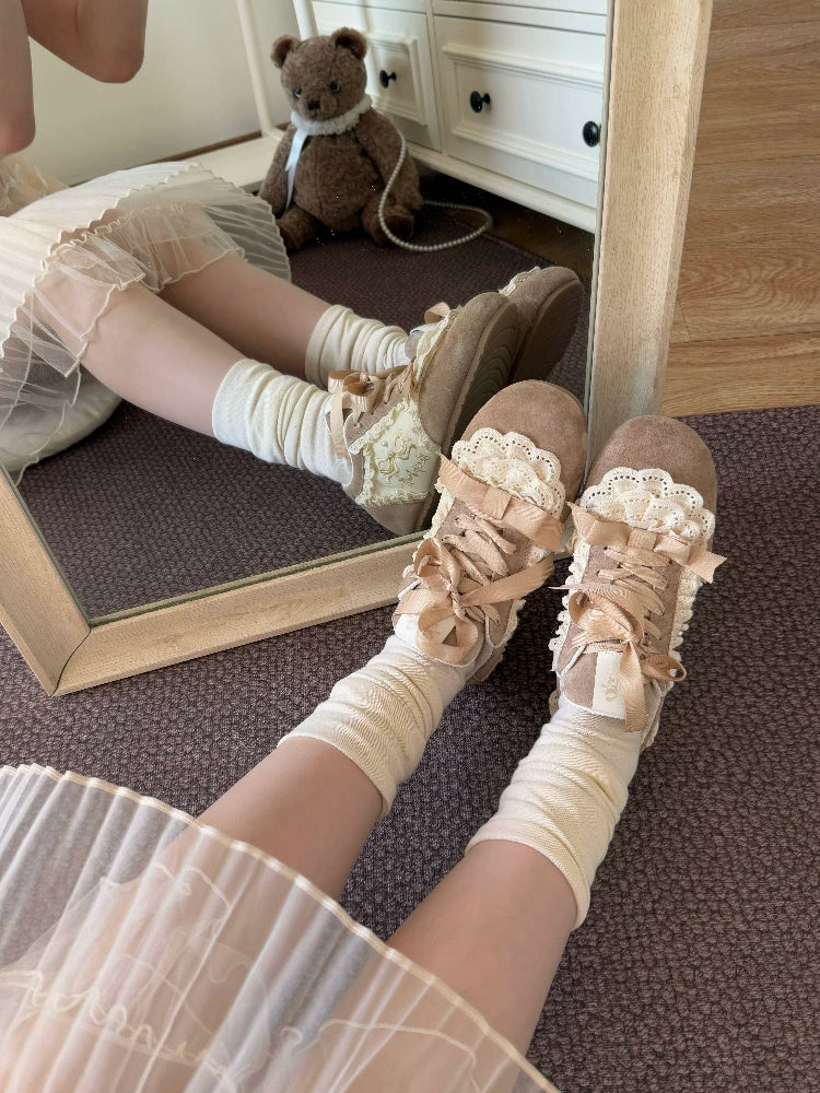 Sheep Puff Lace Cake Lo-Run Lolita Sneakers featuring white lace and playful sheep puff details, stylish shoes for casual wear.