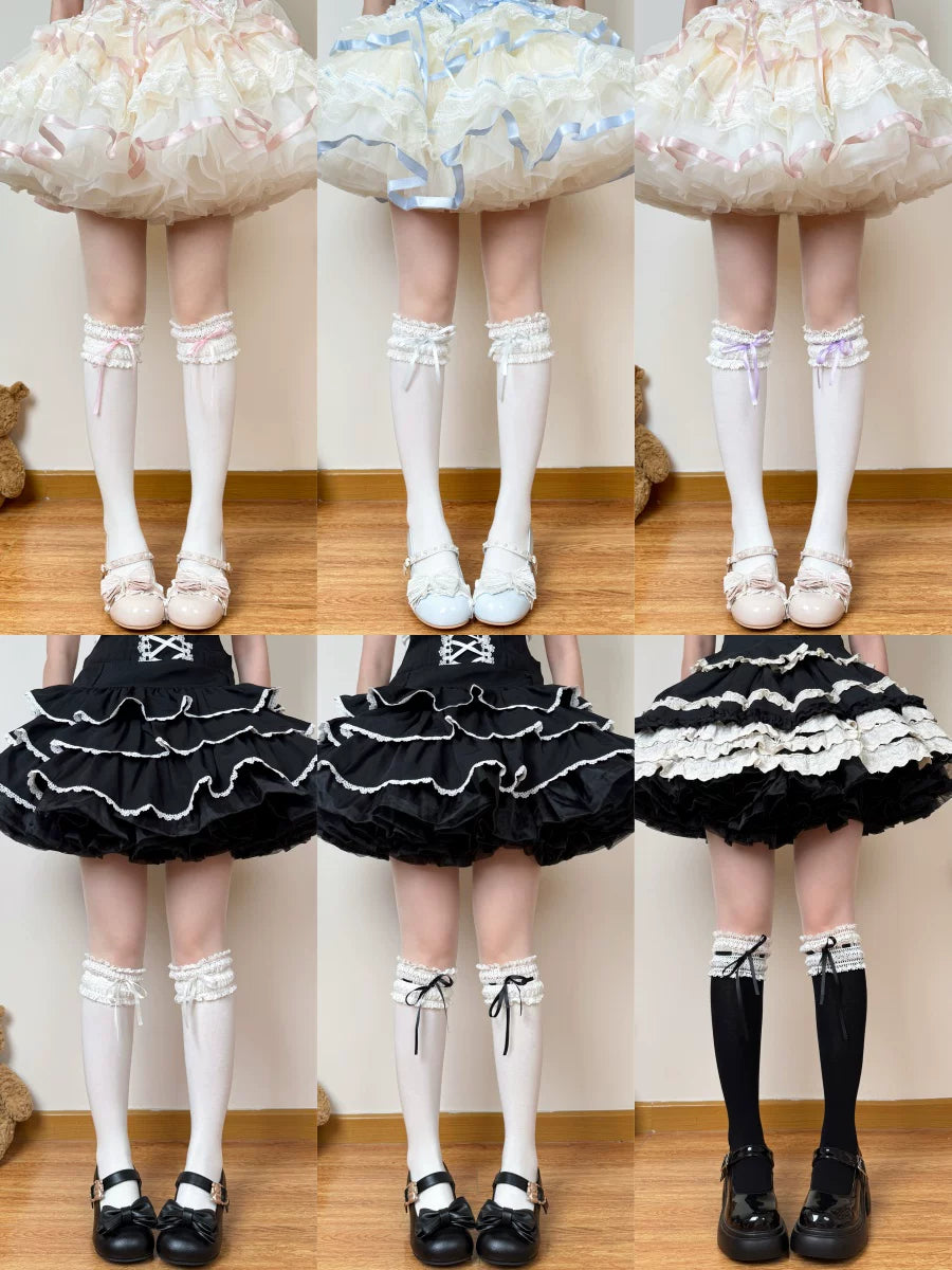 Chubby Bear Tales white calf socks with lace ruffles and brown ribbon bows