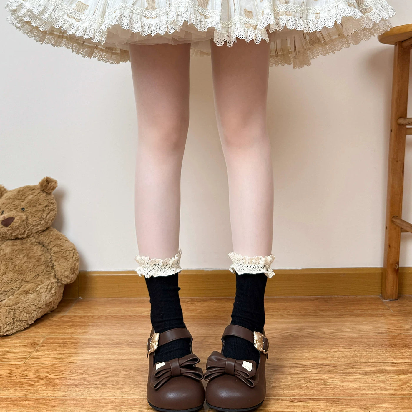Chubby Bear Tales - Antique Doll Lace - Mid-calf socks with ruffled lace cuffs