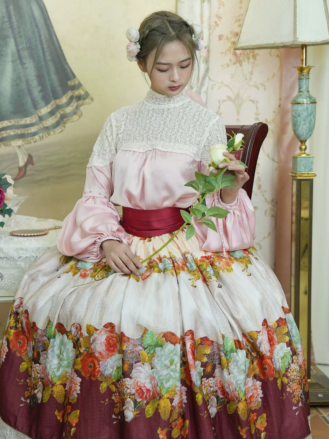 LACE GARDEN - Rainy Season Garden - Blouse and Full Skirt Set with Lace Yoke
