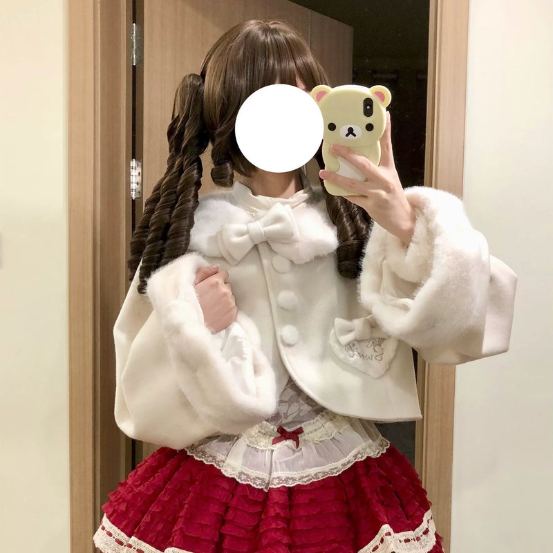 Christmas Peter Pan Collar Plush-Trim Lolita Cape — Milky White - Regular Version