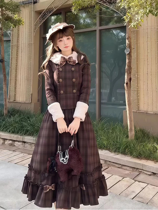 Brown plaid Lolita two-piece set with a short jacket, long skirt and plush trim