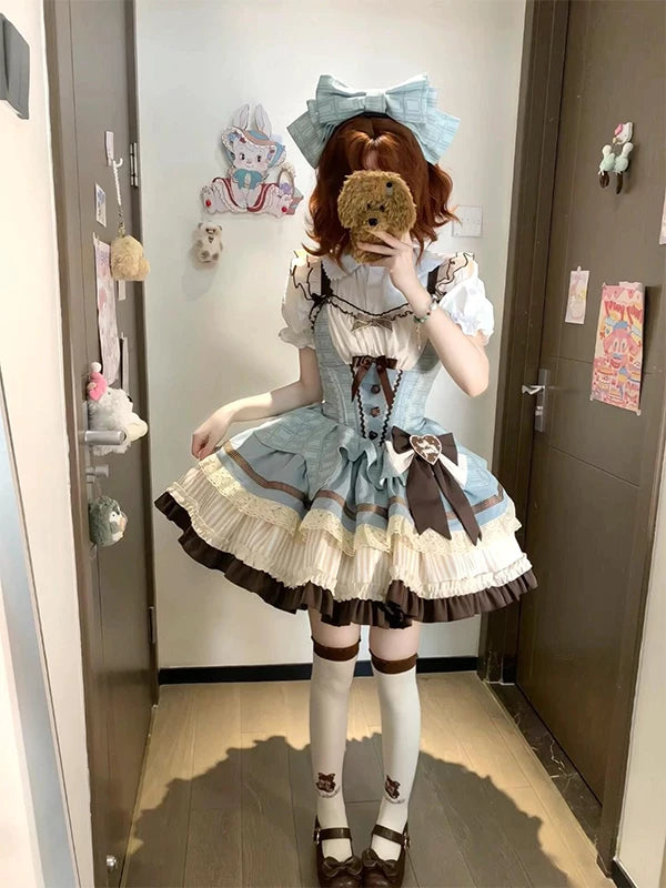 Mint-blue JSK set with short-sleeved shirt, brown bows and layered ruffles