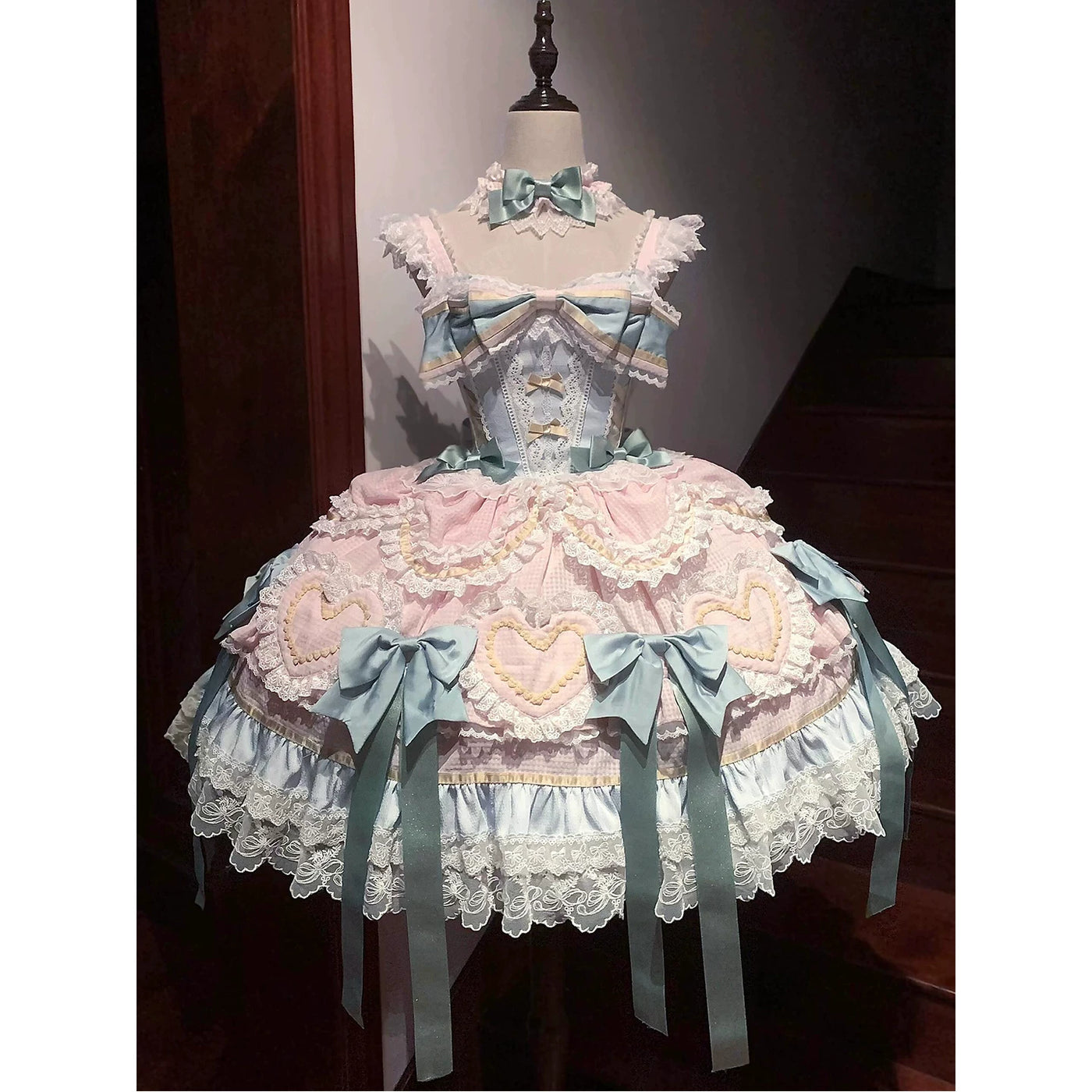 Mint green and pink sweet lolita JSK dress set with matching necklace and hat