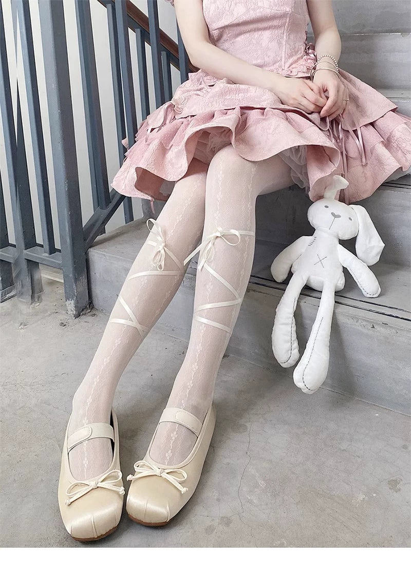 Floral Milk Cat - Ribbon Line - Lace-up tights