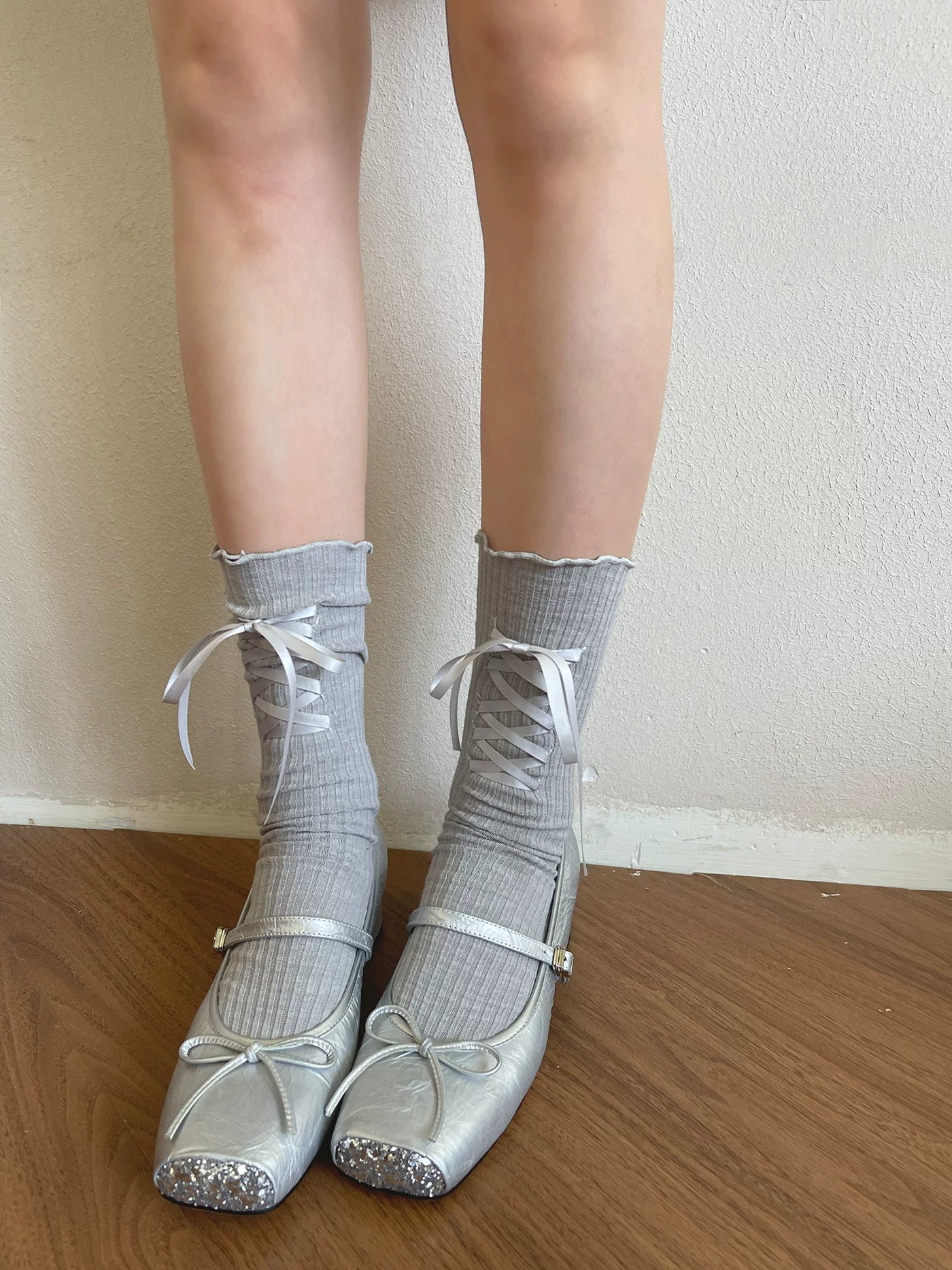 Sock Noble - Ballet Ribbon - Ribbed Slouchy Socks with Criss-Cross Ribbon Ties