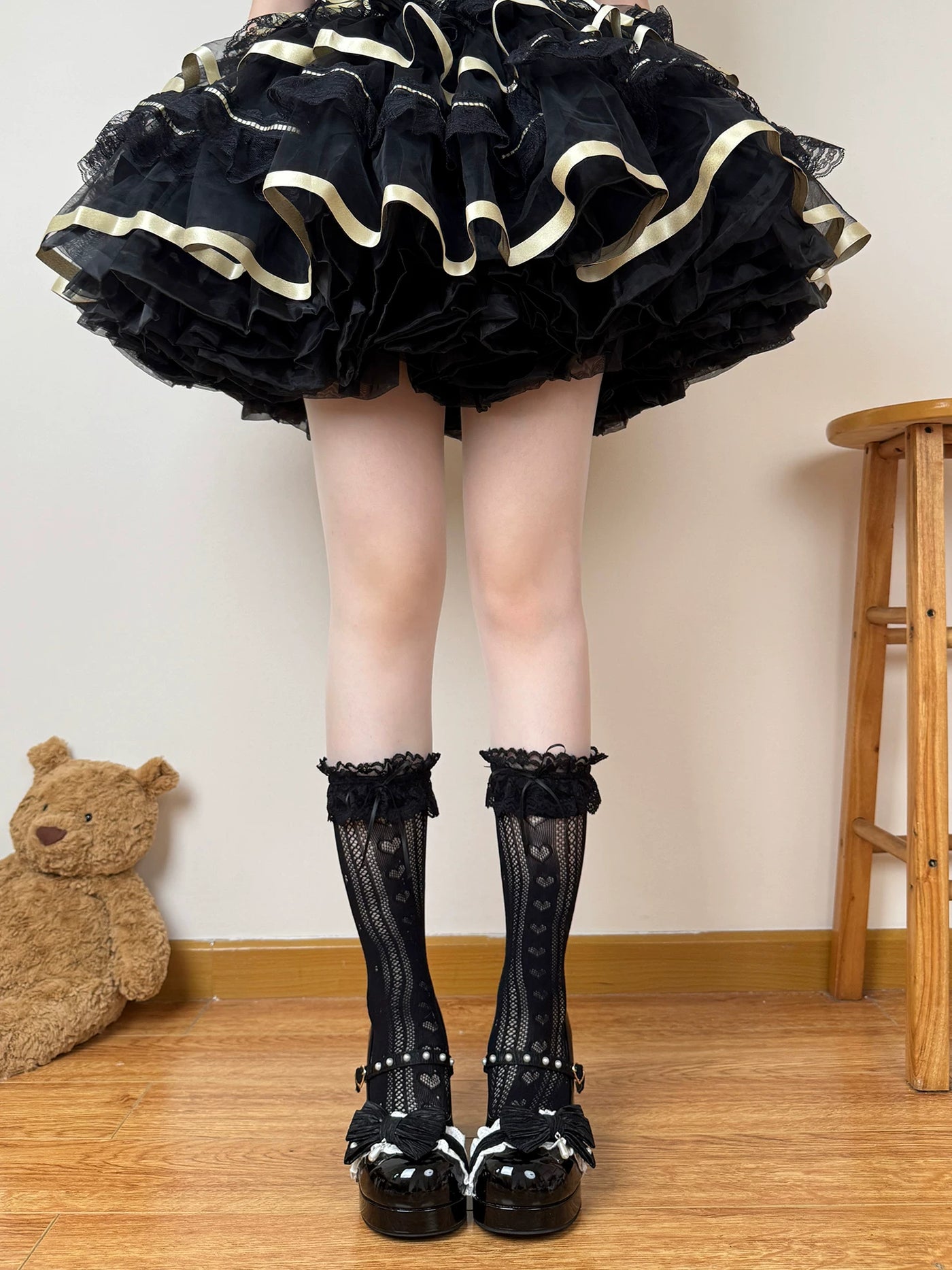 Chubby Bear Tales - Edith - Openwork Mid-Calf Socks with Lace Cuffs and Bows