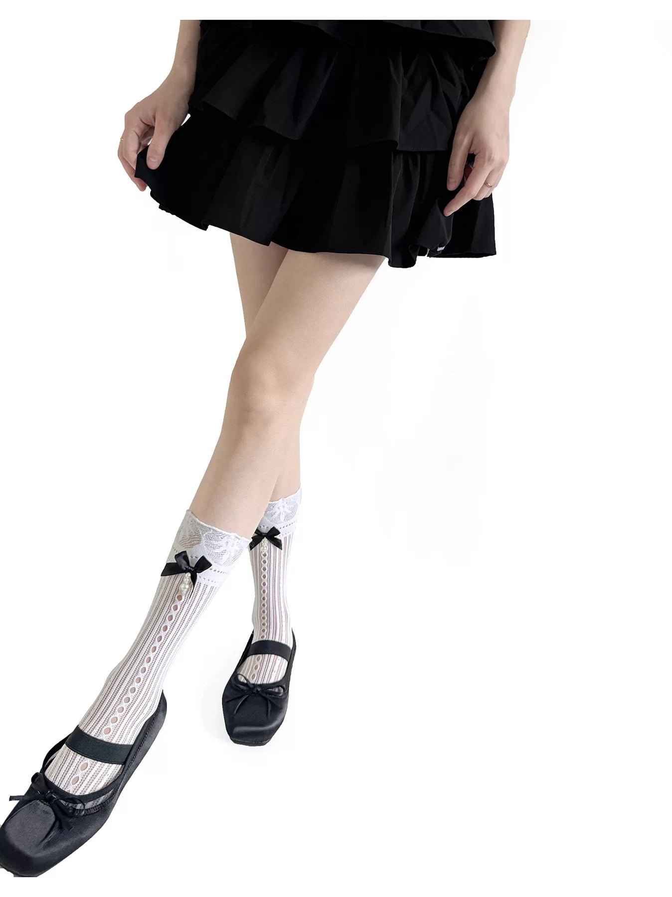 Fantasy Doll - Sweet Pearl Mesh - Calf Socks with Openwork Mesh and Bow Detail