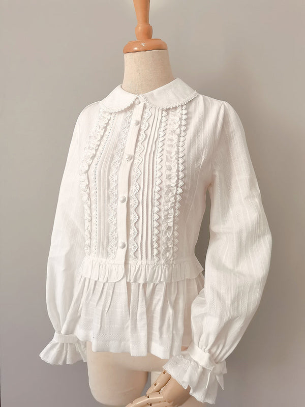 Yilia - Pintuck Peter Pan - Cotton Bow Cuff Blouse