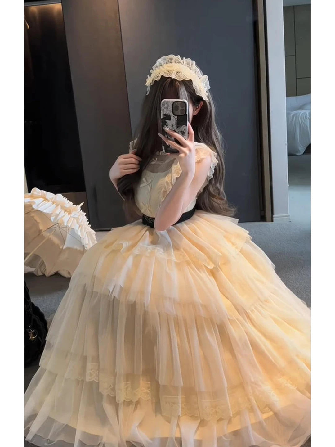 Creamy - Natural Cream - OP dress with a tiered cake skirt and belt