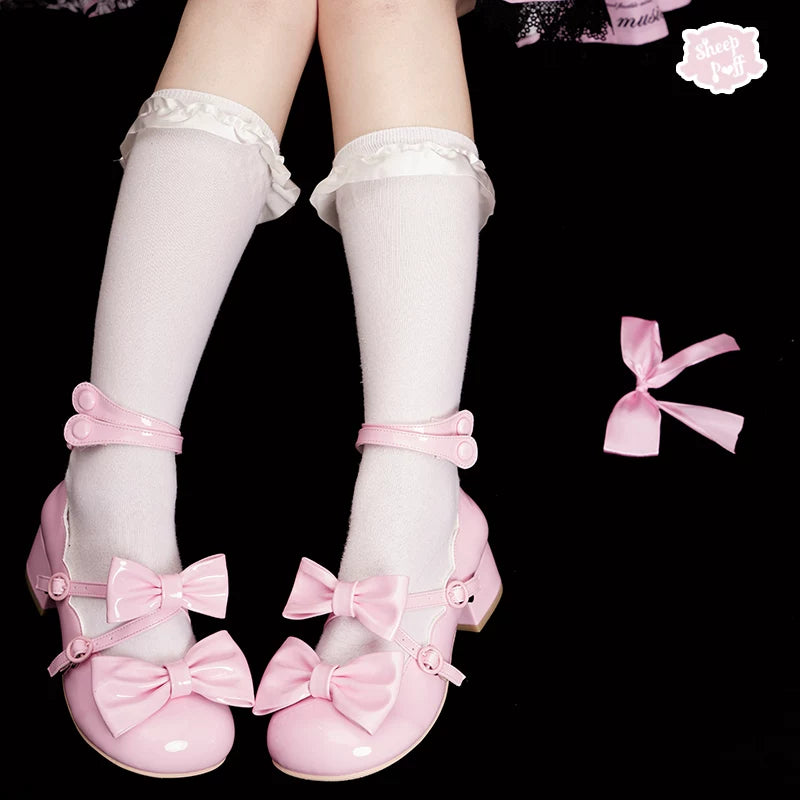 Sheep Puff Sweet Tea Lolita Shoes with a cute sheep puff design and floral accents, stylish and comfortable footwear for fashion enthusiasts