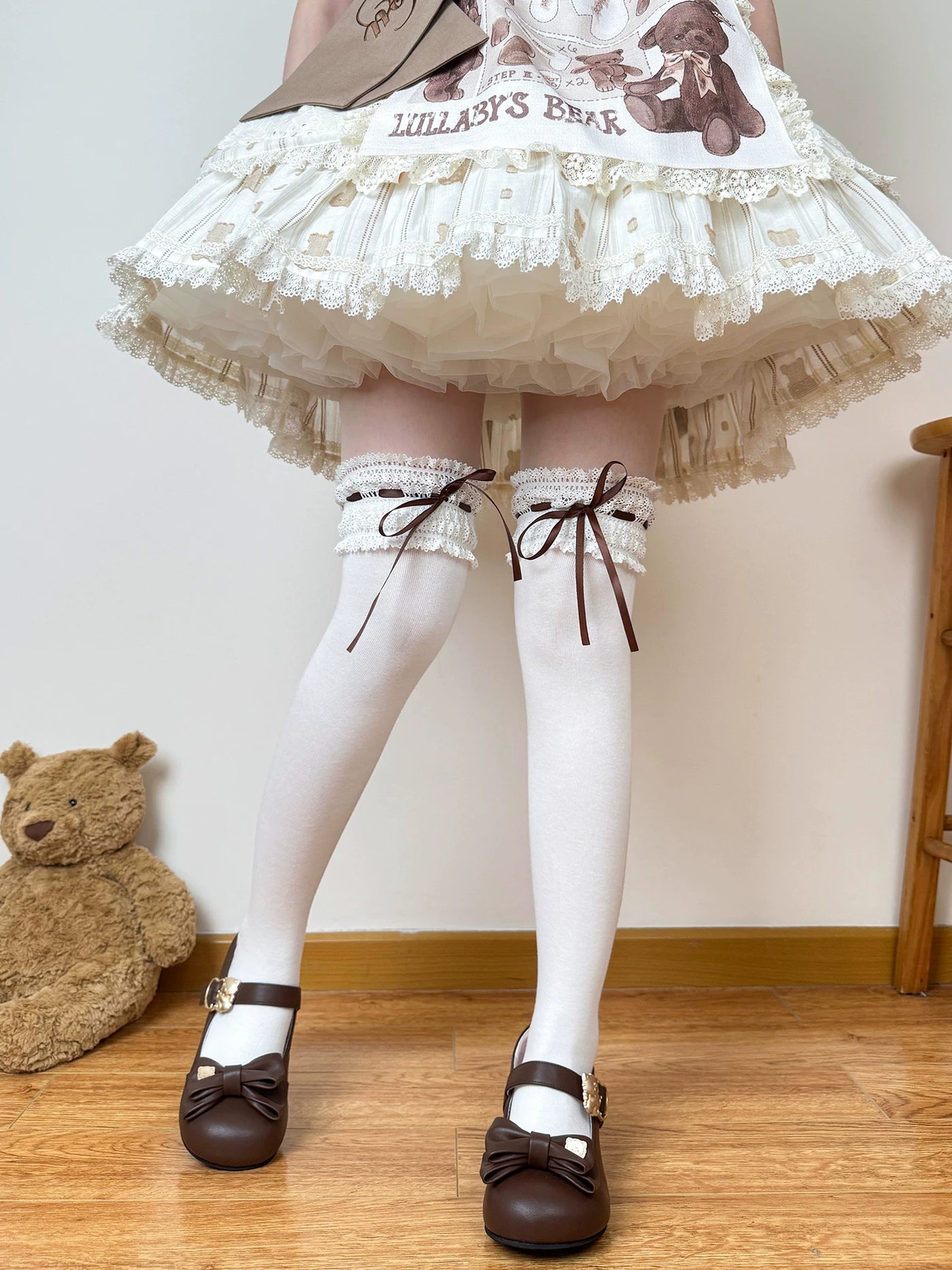 Chubby Bear Tales - Chocolate Doll - Lolita Socks with Lace Cuffs and Ribbon Ties