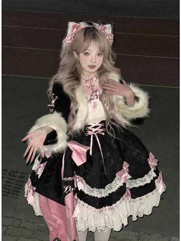 Creamy - Ribbon Noir - Dress Set with Fluffy Trim and Pink Ribbon Details