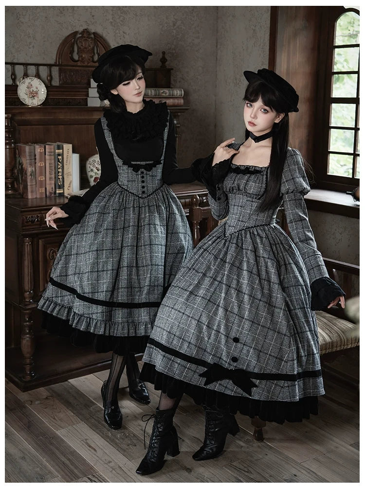 With PUJI - Yesterday's Epistle - Winter Classic Lolita Plaid Dress Set, Fishbone Waist
