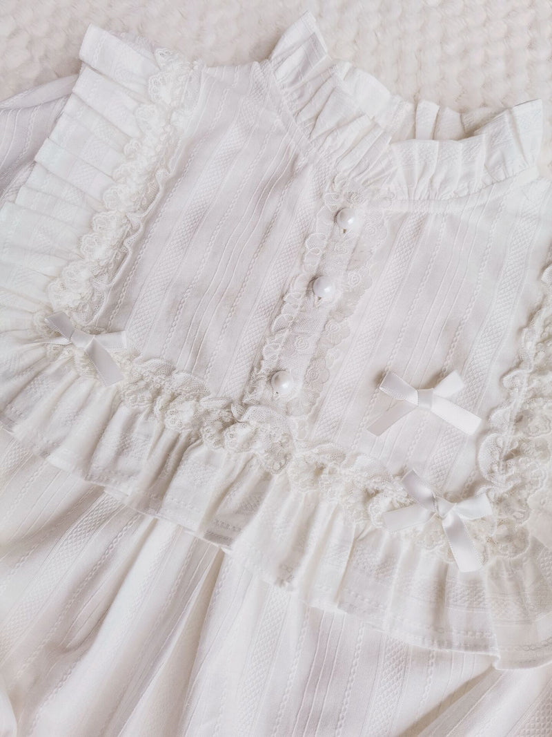 Yilia - Cotton Lolita Lace Long Sleeve - White Blouse Innerwear