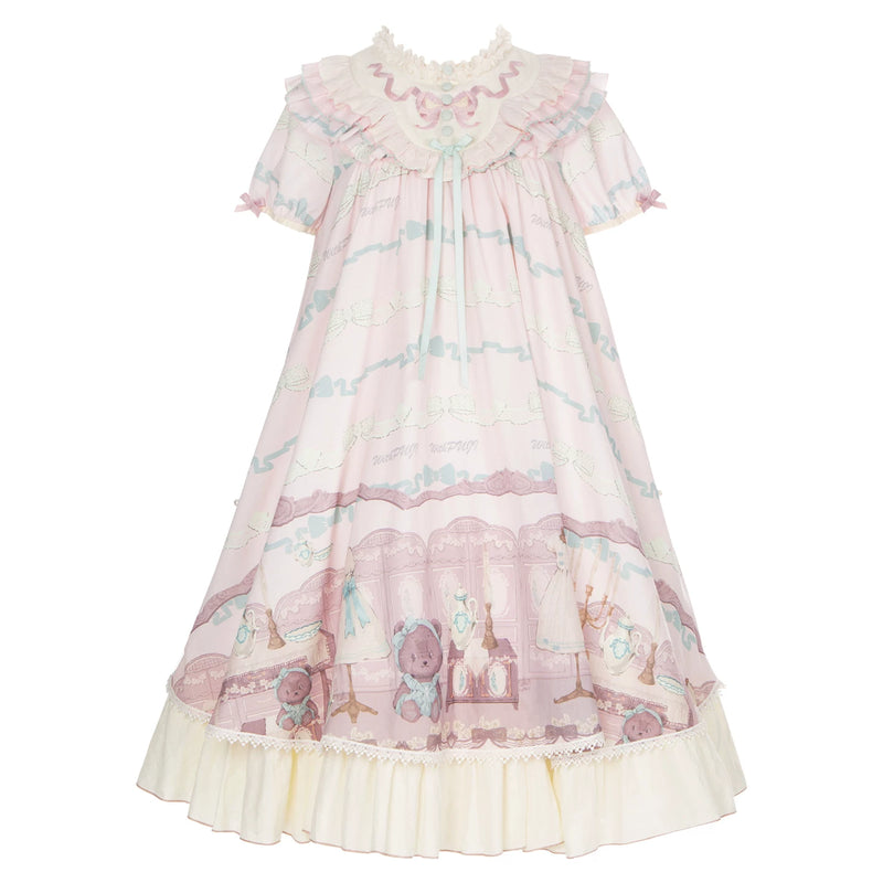 With PUJI - Brown Dollhouse SP - Kawaii Lolita Dollhouse Printed OP Dress with Embroidery detail view 9