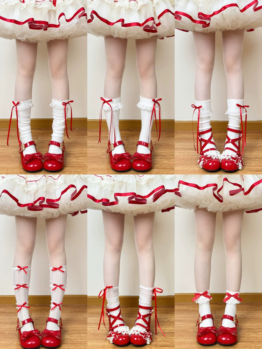 Red-and-white Lolita sock collection shown with lace, ribbon bows, layered trims and varied lengths.