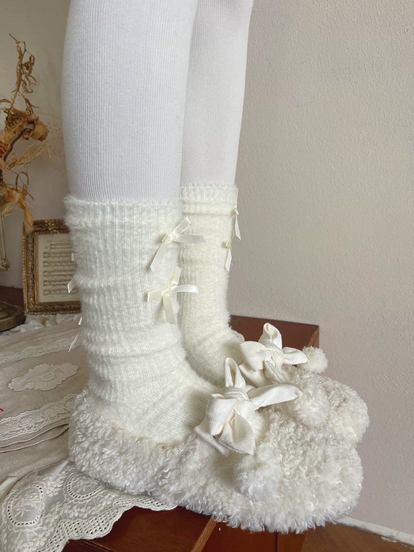 Sock Noble - Ballet Bow Fuzz - Mid-Calf Slouch Socks with Ribbon Bows