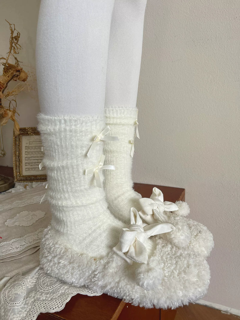 Sock Noble - Ballet Bow Fuzz - Mid-Calf Slouch Socks with Ribbon Bows