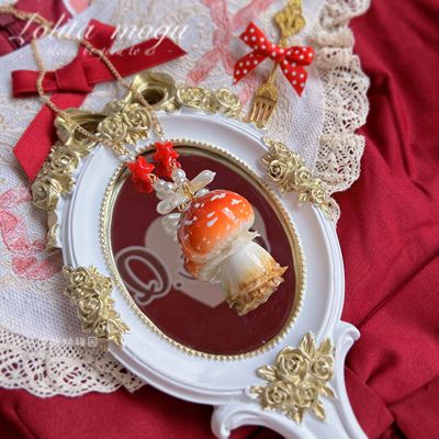 Bear doll - Mushroom Motif - Mushroom Necklace with Bow Accents - White bow round-headed mushroom