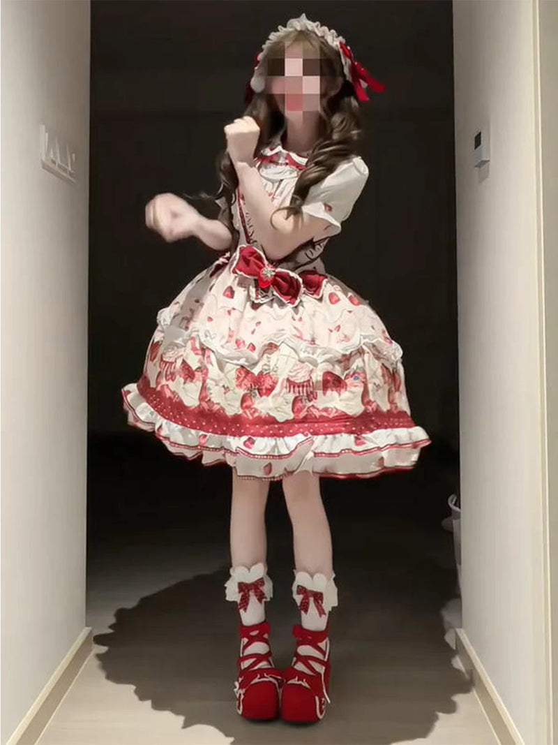 Creamy - Strawberry Ribbon - Pink strawberry JSK with a layered skirt and waist bow