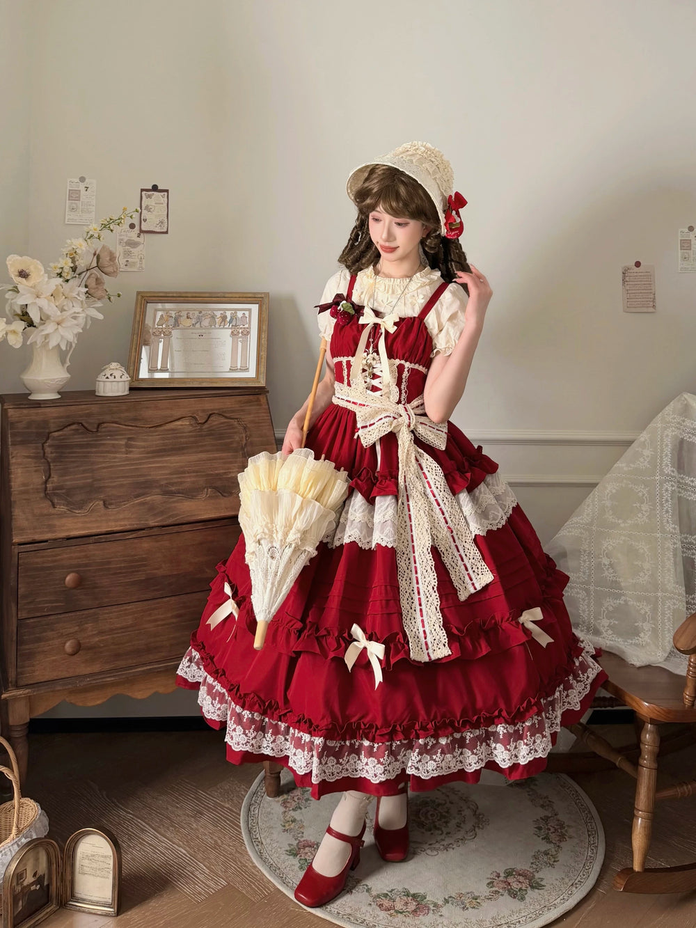 Classical Lolita JSK in deep red with cream lace trim and tiered skirt