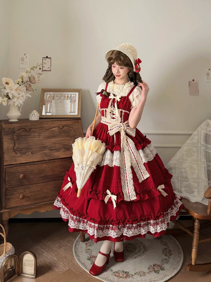 Classical Lolita JSK in deep red with cream lace trim and tiered skirt