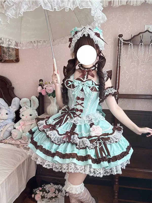 Creamy mint and chocolate JSK dress set with lace, bows, and headpiece