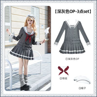 With PUJI - Kaoru - Lolita OP Dress, Sailor Collar - Dark Gray OP 3-piece set (dark gray OP + bow tie + hat) In Stock / S