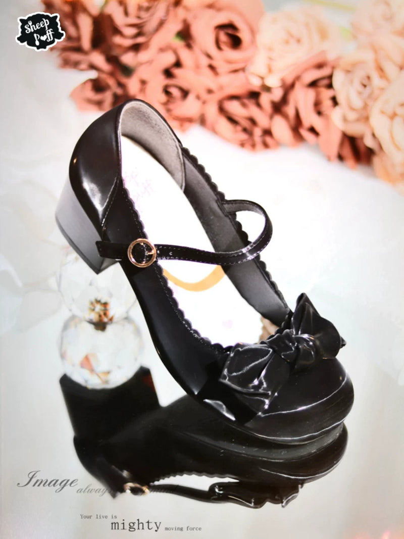 Sheep Puff Rounded Bow Satin Gloss Lolita Shoes in soft pink with a large bow detail and shiny satin finish.