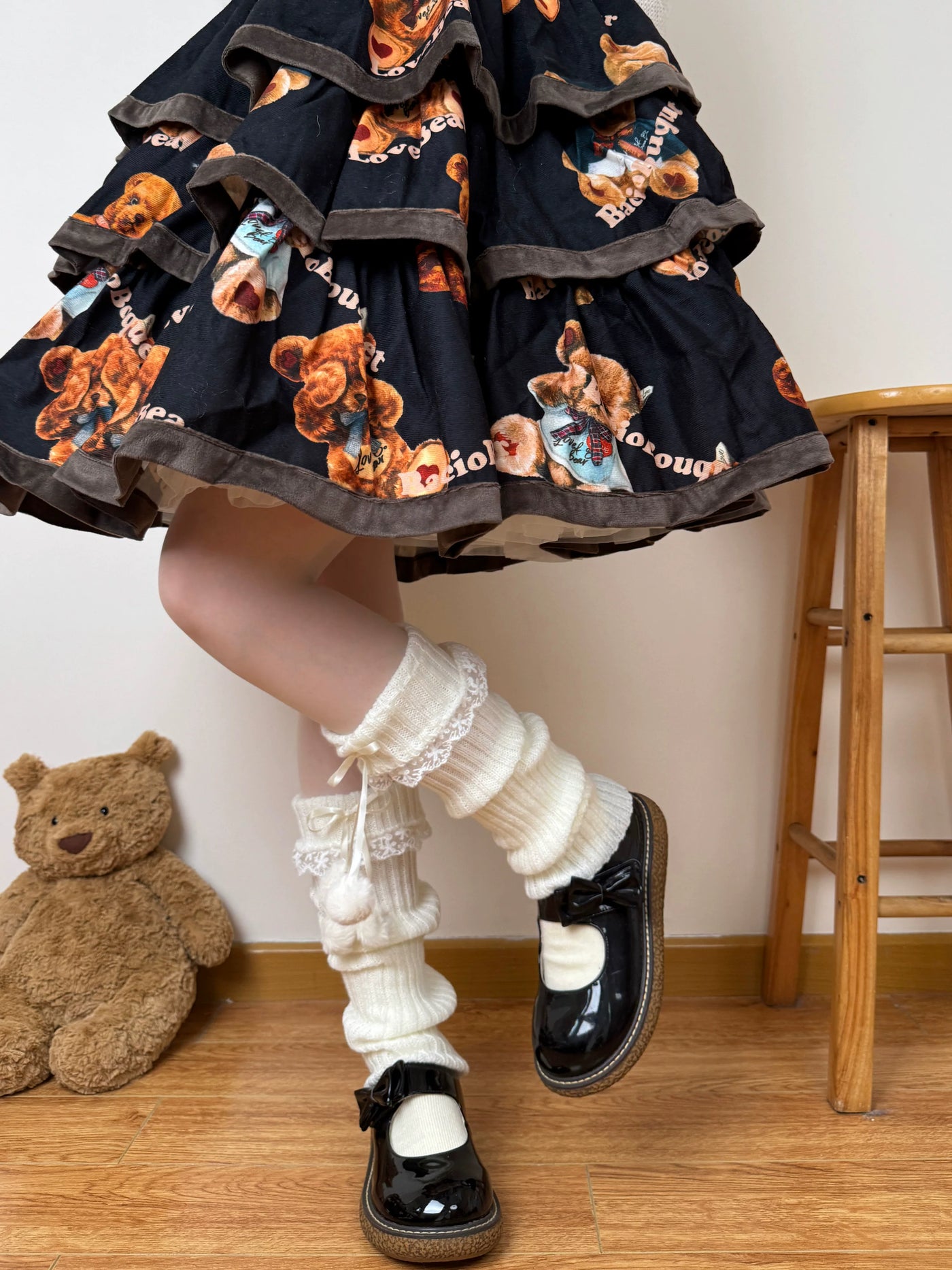Chubby Bear Tales - Ribbon Knit - Scrunched Knit Leg-Warmer Socks with Ribbon Ties