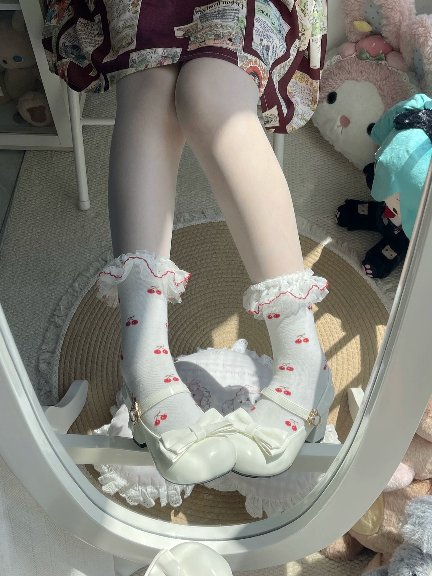 Fantasy Doll - Cherry Ribbon - Mid-calf cotton socks with cherry motifs