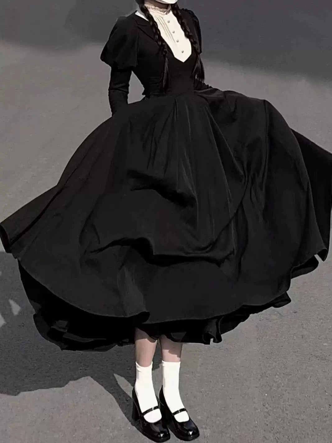 Sweetheart Dream Machine - Six-Panel Black - Long One-Piece Dress with Puff Sleeves
