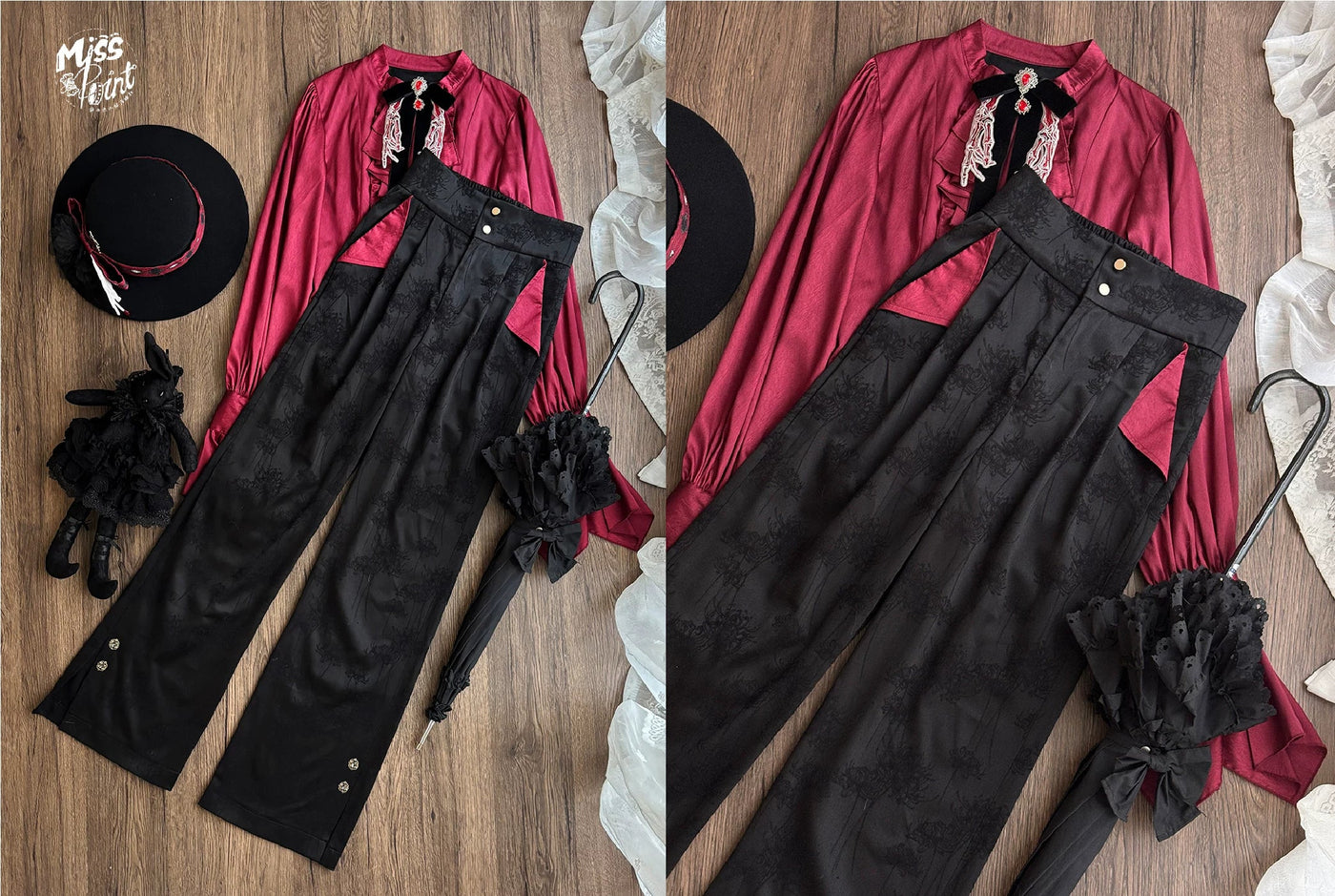 Moonnight Return - Ouji Lolita Jacquard Pants & Shorts, Side Pockets Red - Pants Only XS