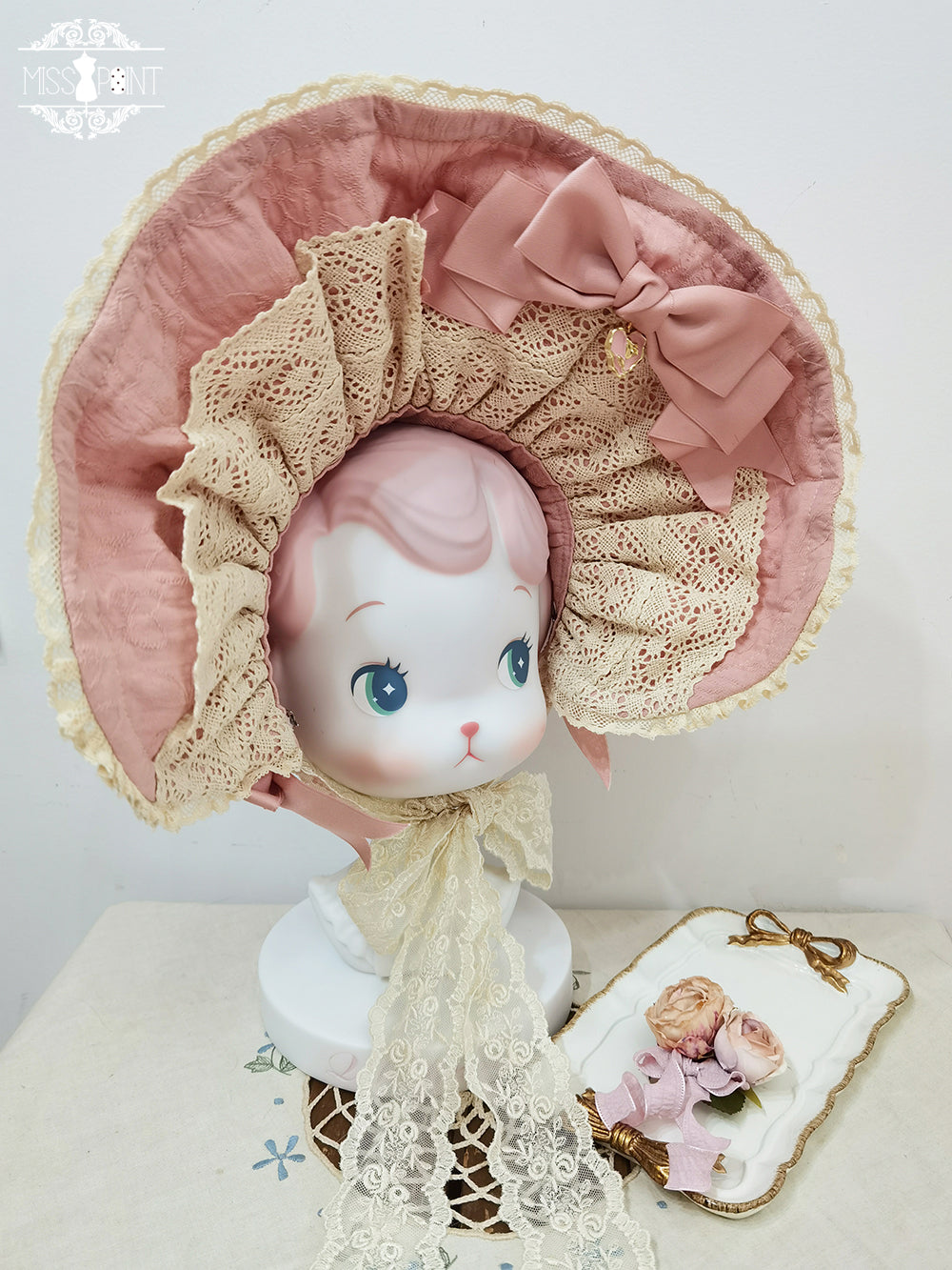 Lilyka Garden - Classic Lolita Headdress and Necklace Brooch Bow Trailing BNT - Pink