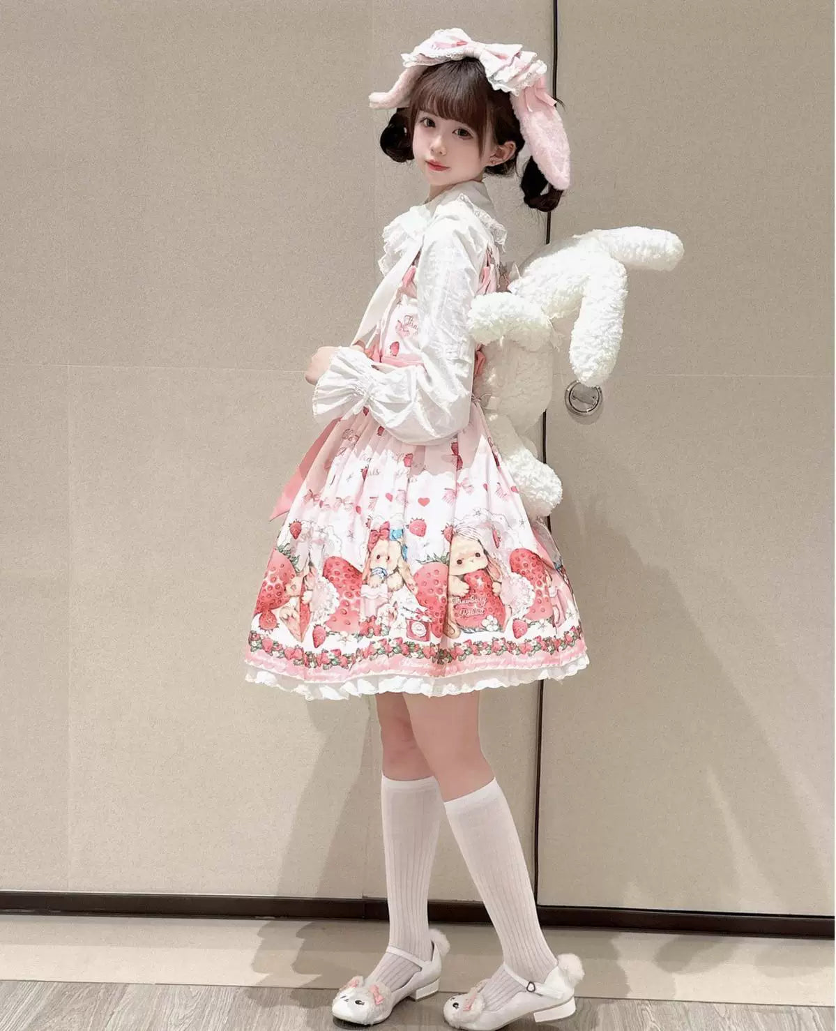 Sweetheart Dream Machine - Falling Rabbit Berry Gift Box - Pink JSK Dress with Rabbit-and-Strawberry Print