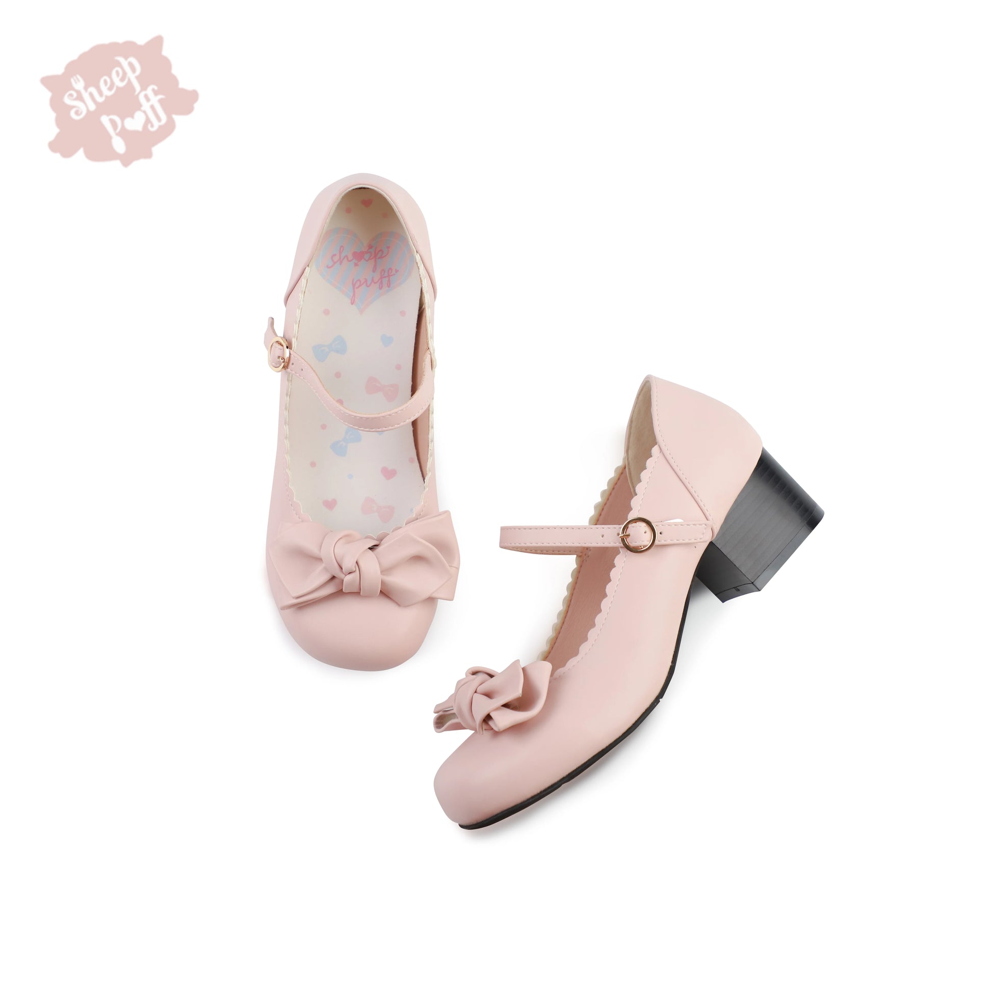 Sheep Puff rounded bow Sakura matte Lolita shoes featuring soft pink color and decorative bows on the front.