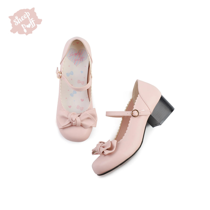 Sheep Puff rounded bow Sakura matte Lolita shoes featuring soft pink color and decorative bows on the front.