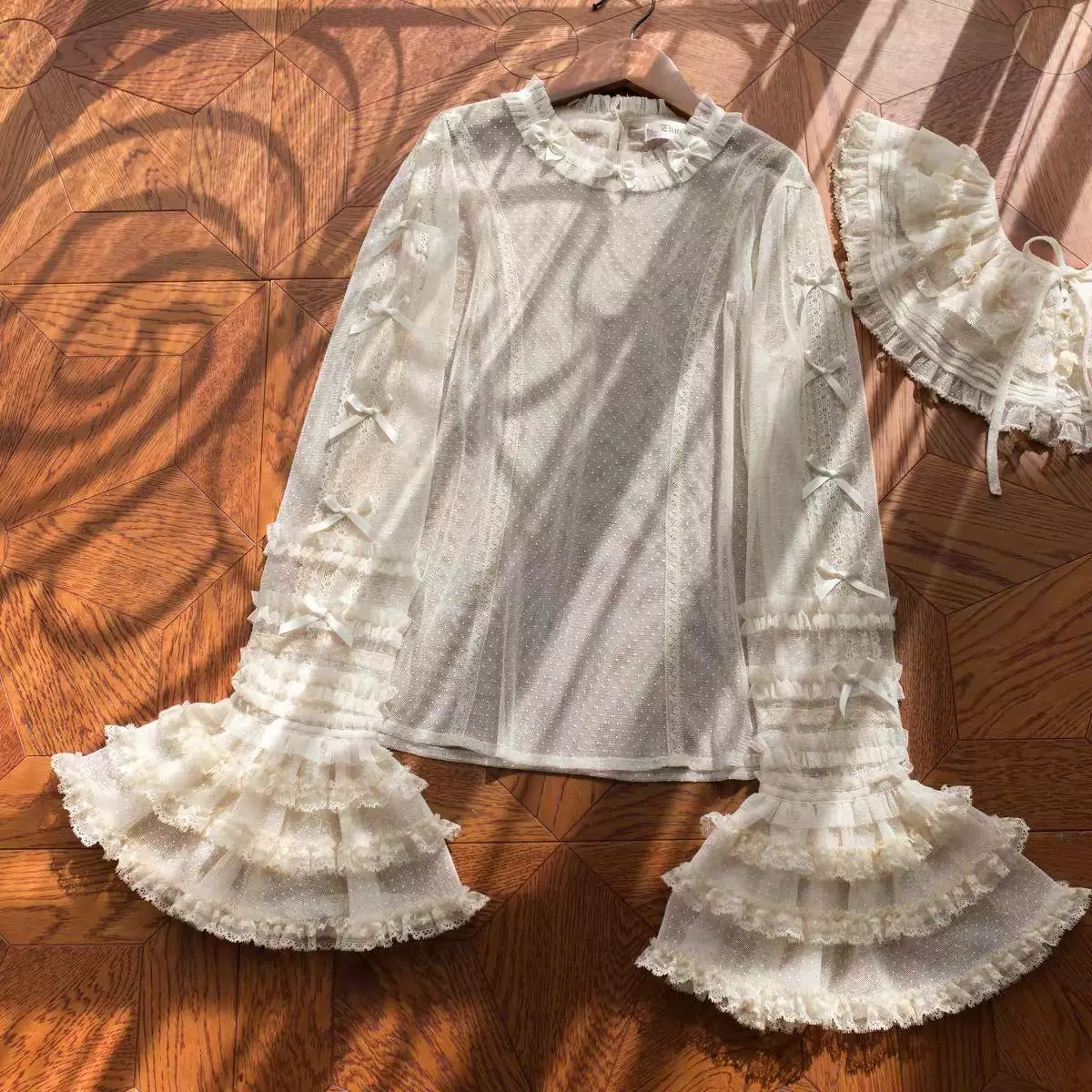 White dotted tulle lolita blouse with detachable collar and bell sleeves