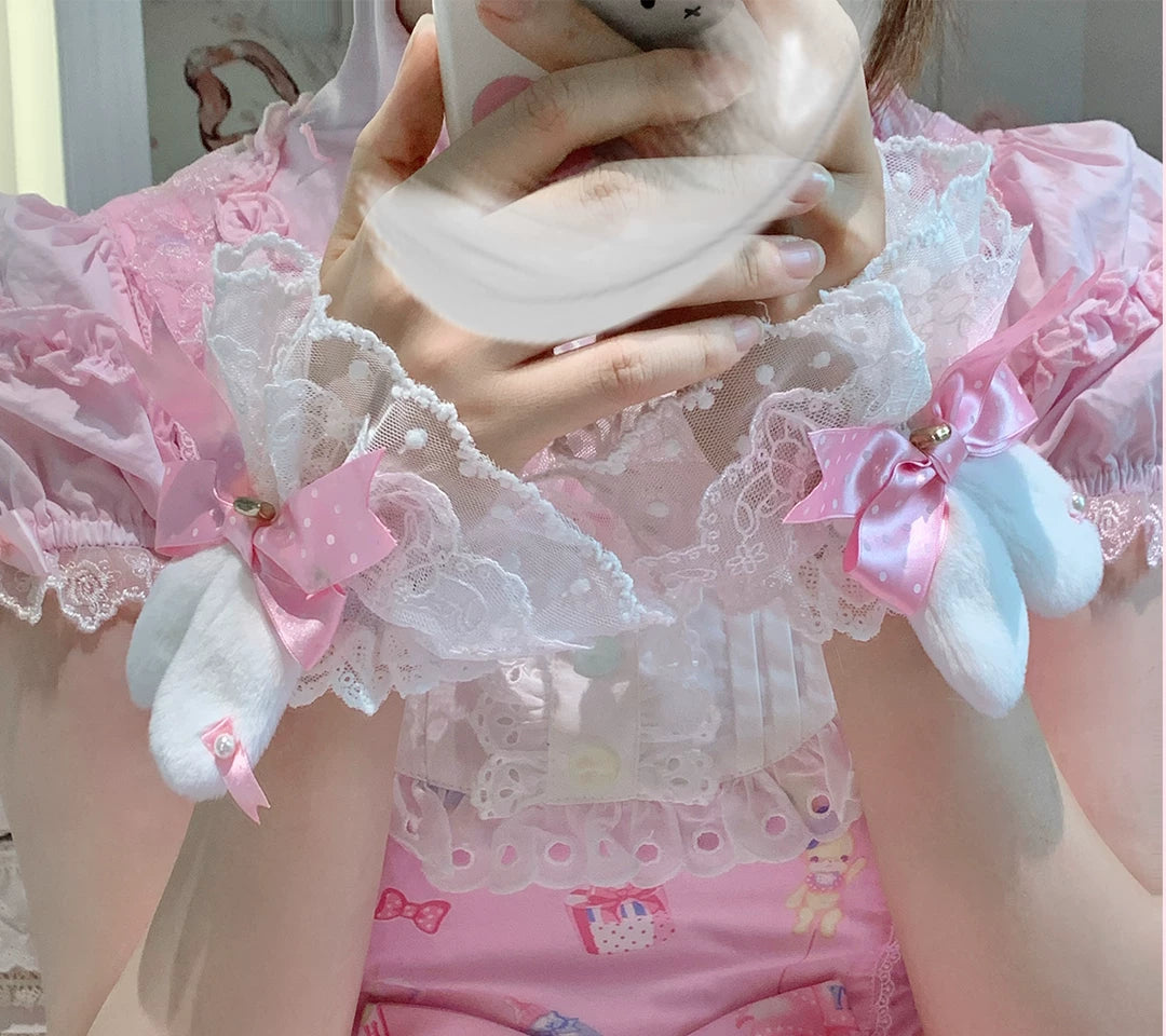 roji roji - Bunny-Ear Lace - Hand Sleeves with Polka-Dot Bows