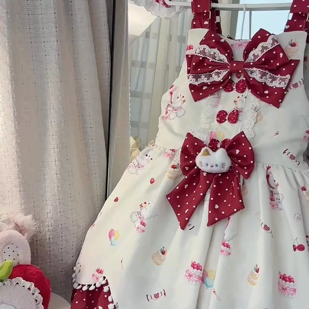 Sweetheart Dream Machine - Meow Meow Milk Cake - Printed JSK with Cherry-Red Bows
