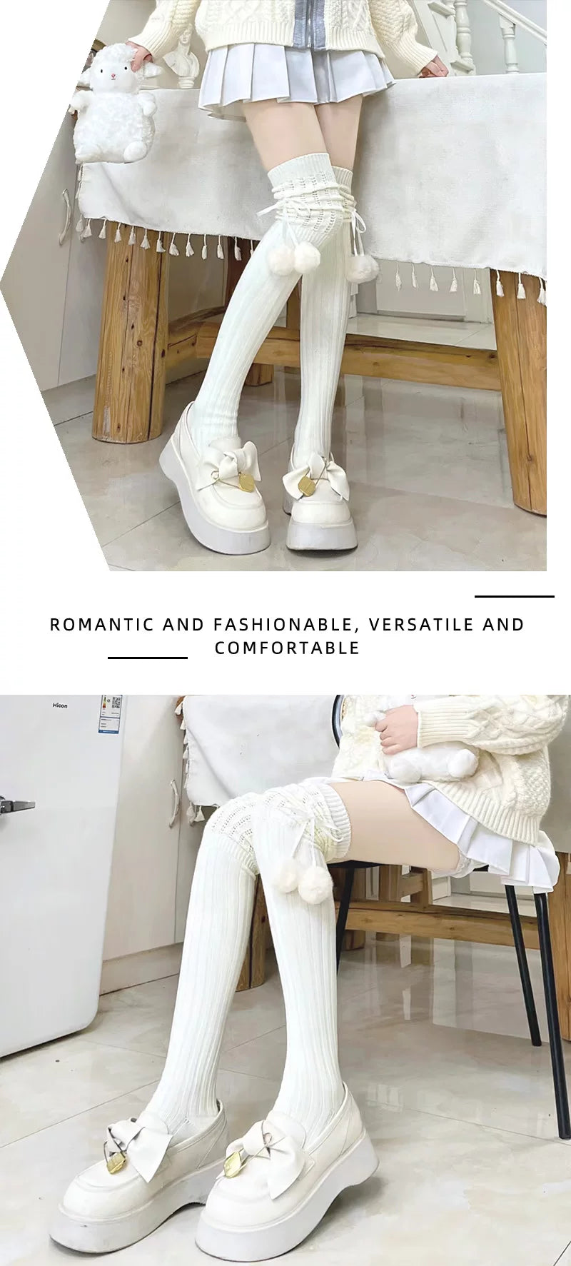 Floral Milk Cat - Pom-Pom Rib - Ribbed Thigh-High Socks with Side Pom-Poms