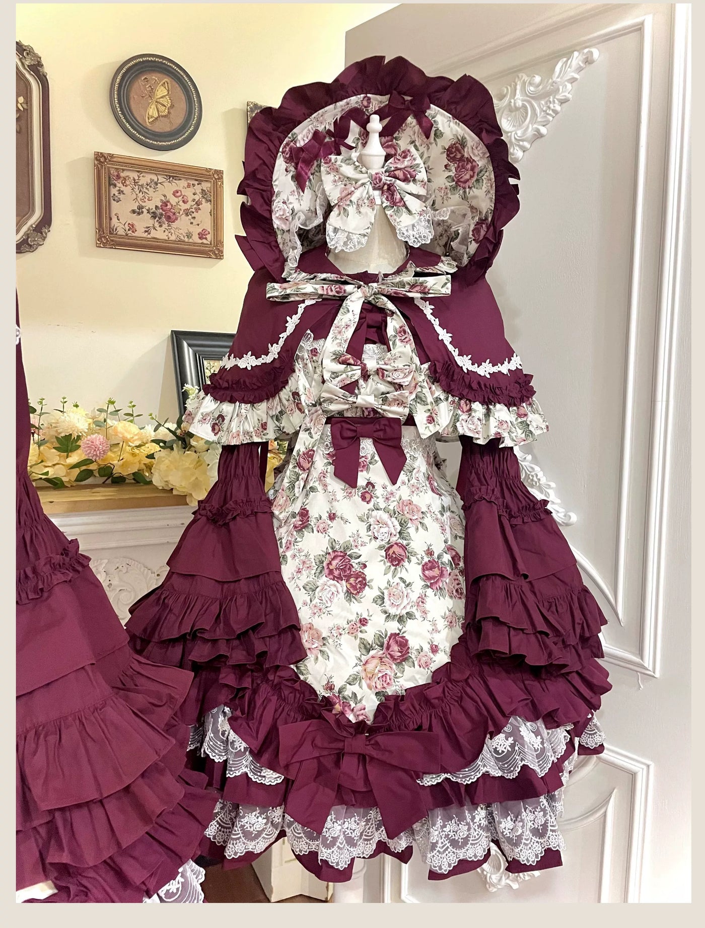 Tata Long Ear - Burgundy Roses - JSK Dress with Pale Rose Print and Tiered Ruffles