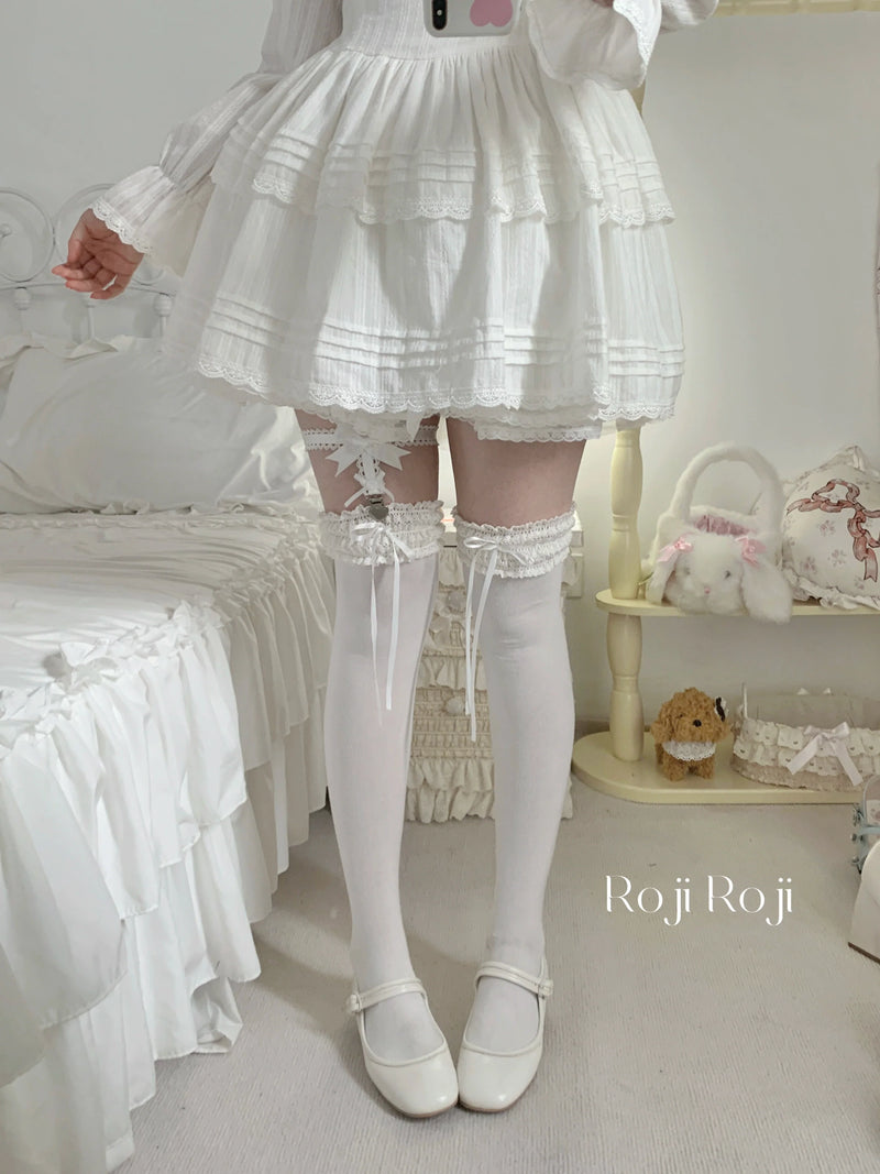 Gentle Town - Sweet Lolita Cotton Calf Socks, Ankle Socks White thigh-high socks (no sock clips included) One Size