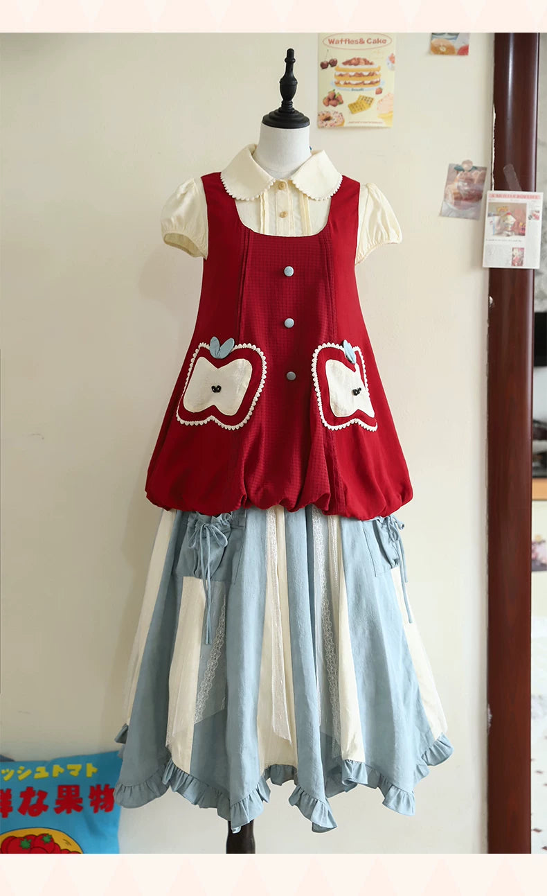 Baozi Pig - Apple Plaid - Red Plaid-Spliced Vest with Apple Bow Tie