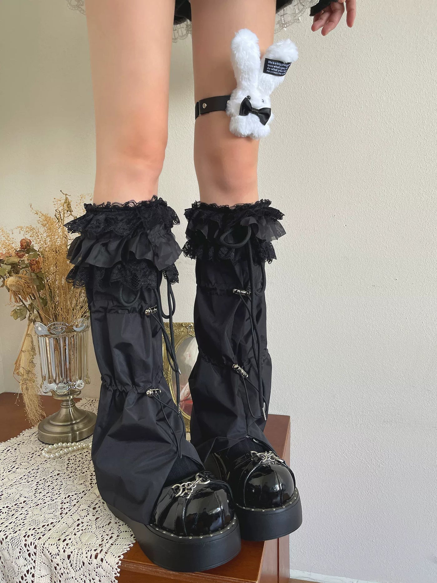 Sock Noble - Layered Lace Drawstring - Nylon Sock Covers with Flared Cuffs