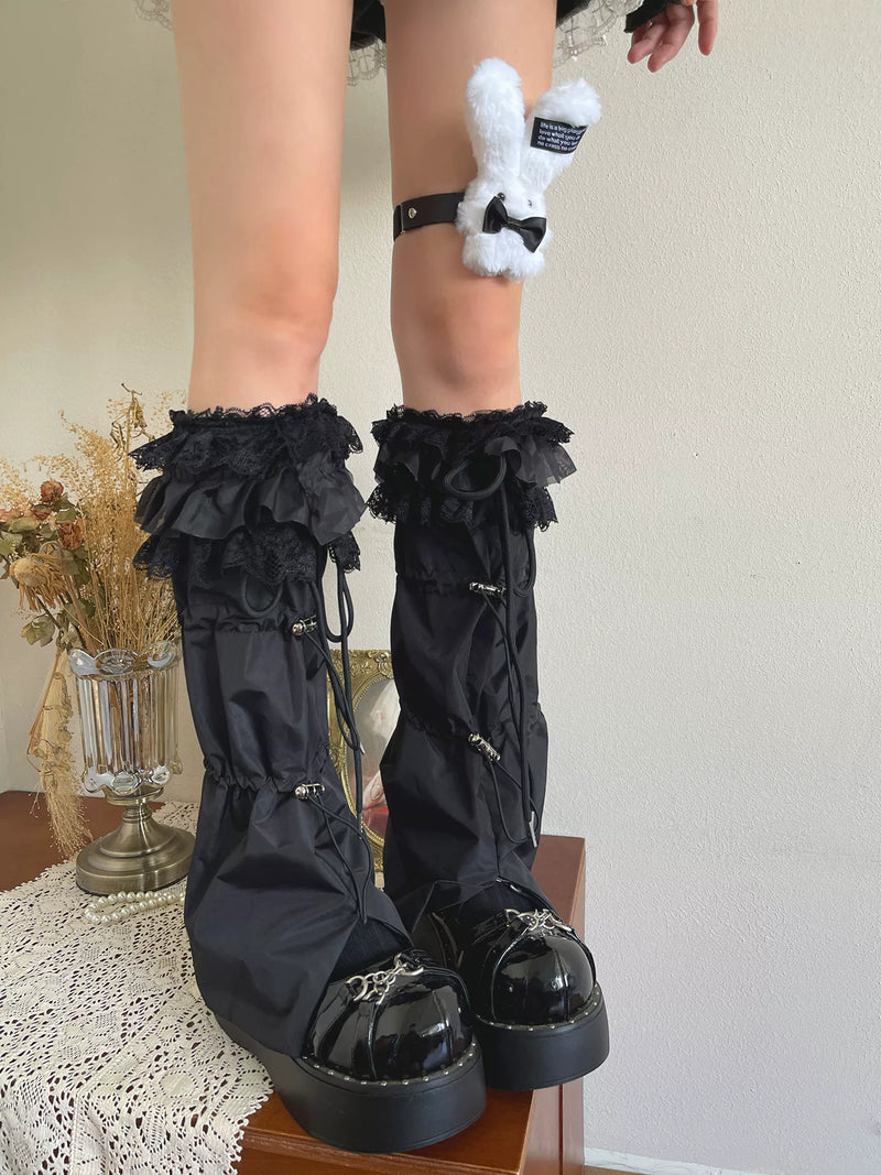 Sock Noble - Layered Lace Drawstring - Nylon Sock Covers with Flared Cuffs